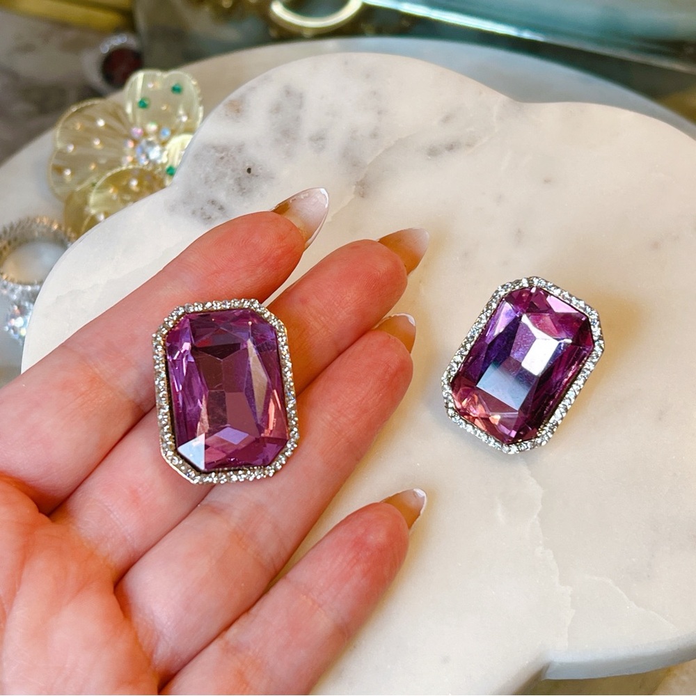 Purple 💜 crystal emerald cut halo earrings ~ 1” faceted - Picture 3 of 6
